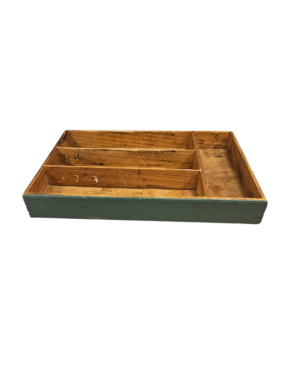 Vintage 40's Painted Green and Wood Cutlery Tray Organizer 8.5" x 13"